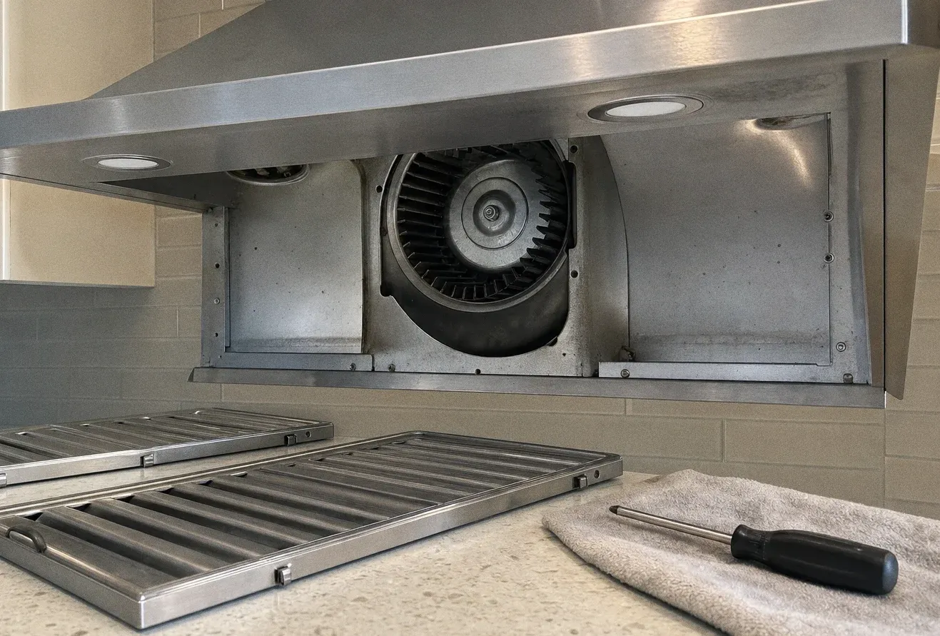 A stainless range hood with its baffle filters taken out and standing on the counter, the blower wheel visible inside the open canopy and a screwdriver on a folded towel