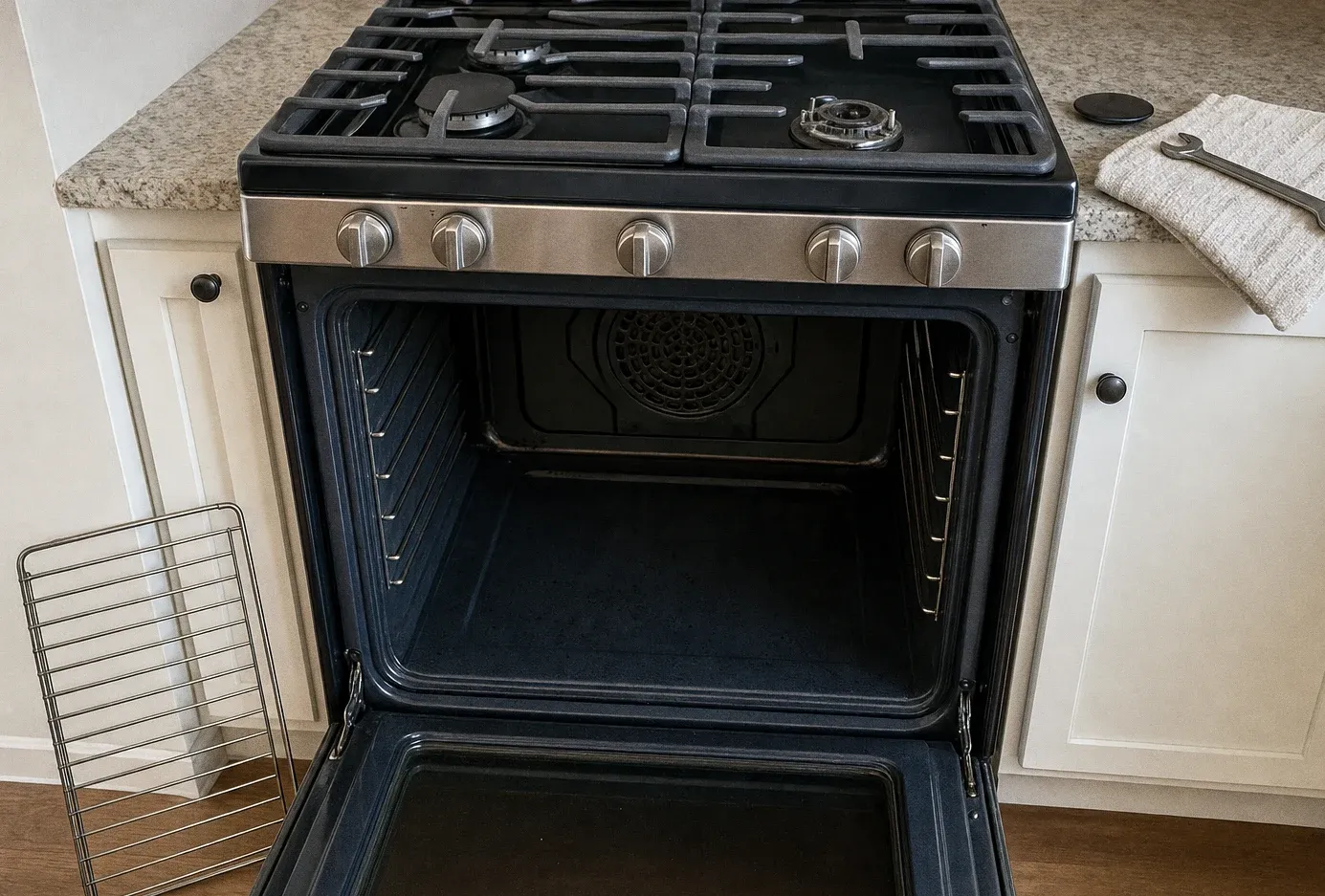 A stainless gas range with the oven door open, the convection cover visible at the back of the empty cavity and a rack propped alongside