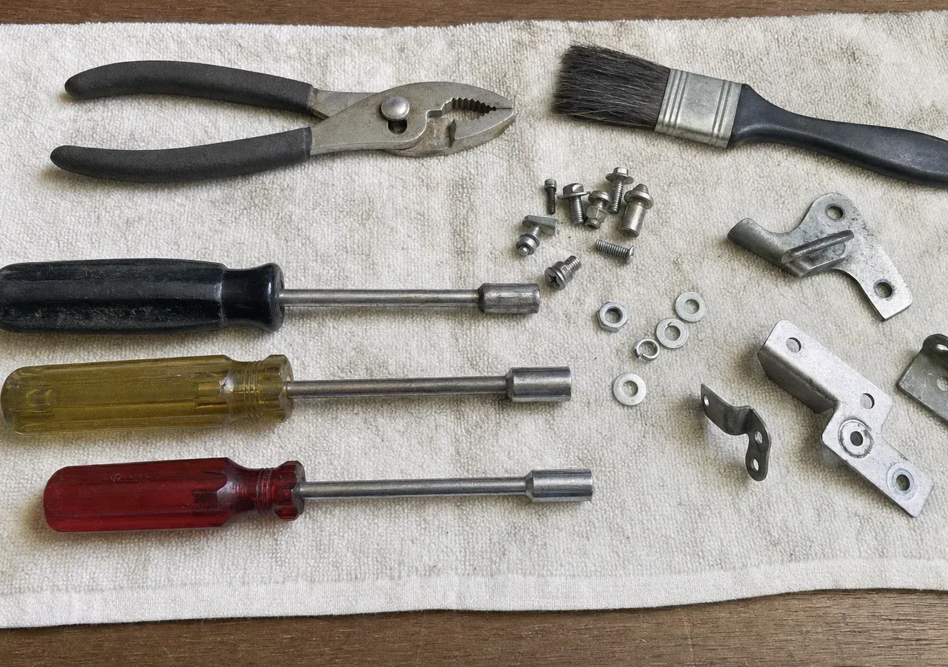 Pliers, a paintbrush, screwdrivers and nut drivers laid on a towel with washers, small brackets and screws