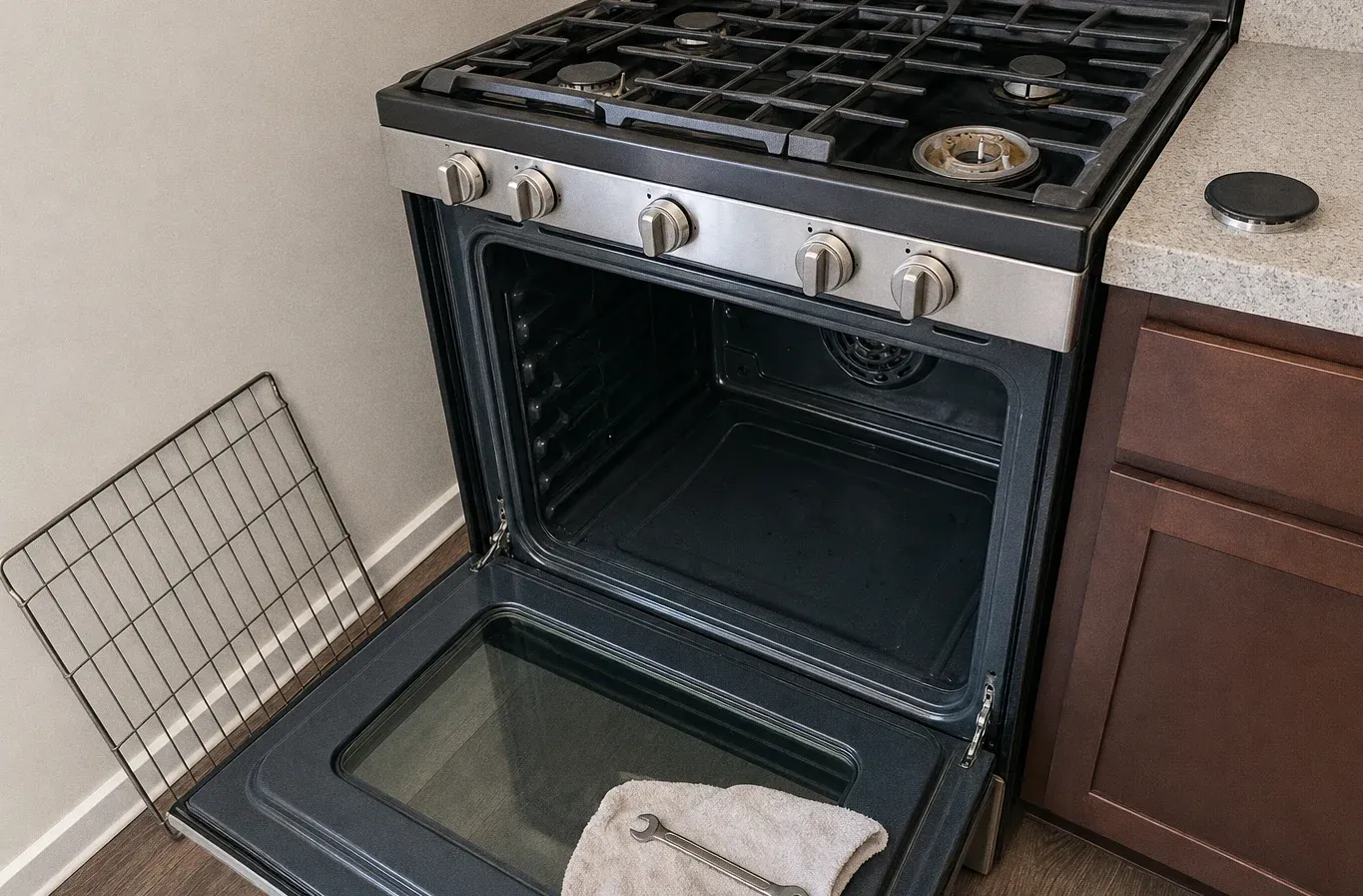 A gas range with a black cooktop and the oven door open, an oven rack standing on the floor against dark cabinets