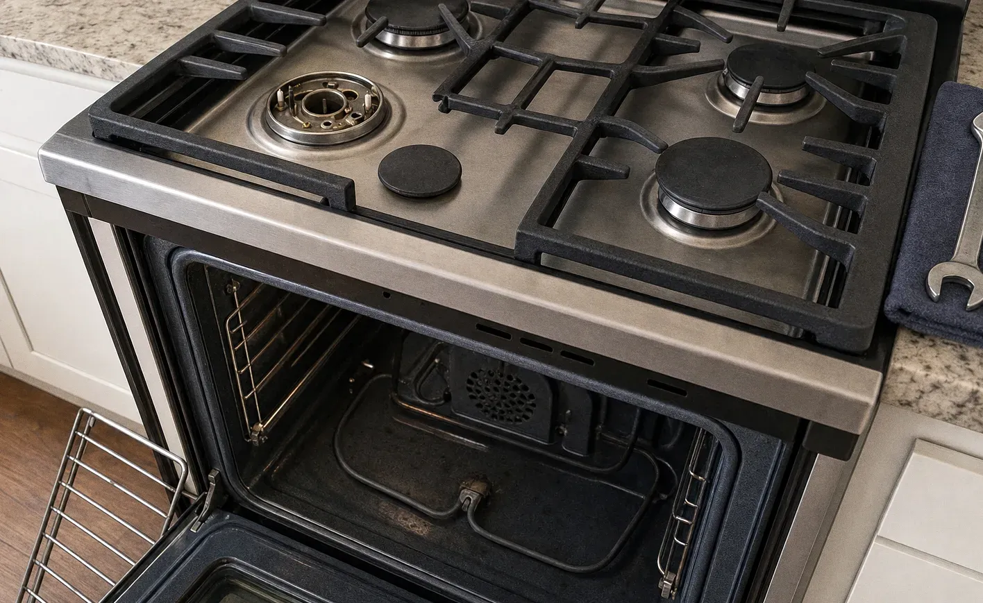 Close view of a gas cooktop with the grates in place and one burner ring exposed, the oven door open on the cavity below